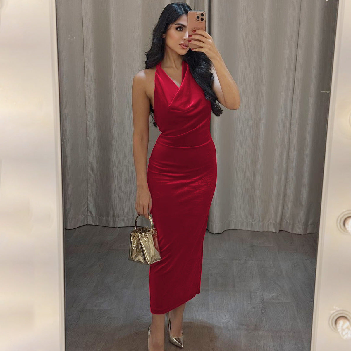 Women's Spring Summer Fashion Sexy Low Back Slit Halter Neck Lace-up Sleeveless Dress 6