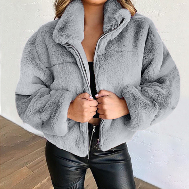 Women furry zipper warm jacket 5