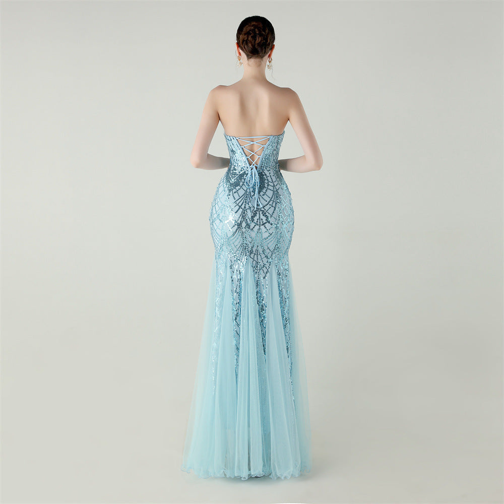 Women Strapless cross Lace-Up sequined tube flower sequined mesh evening dress Formal Party evening dress 78