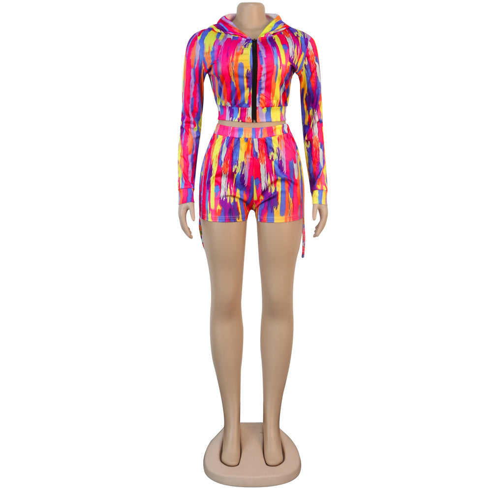 Print Hooded Zipper Long Sleeve Top Shorts Women's Casual Tracksuit 17