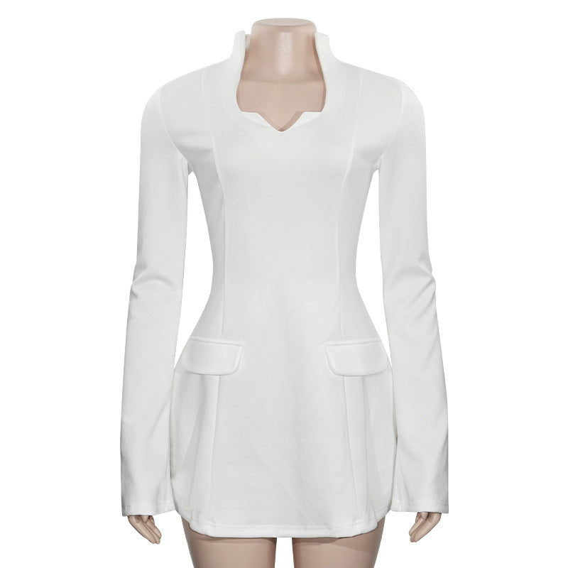 Spring Solid Color V-Neck Long Sleeve Slim Short Sexy Women's Dress 9
