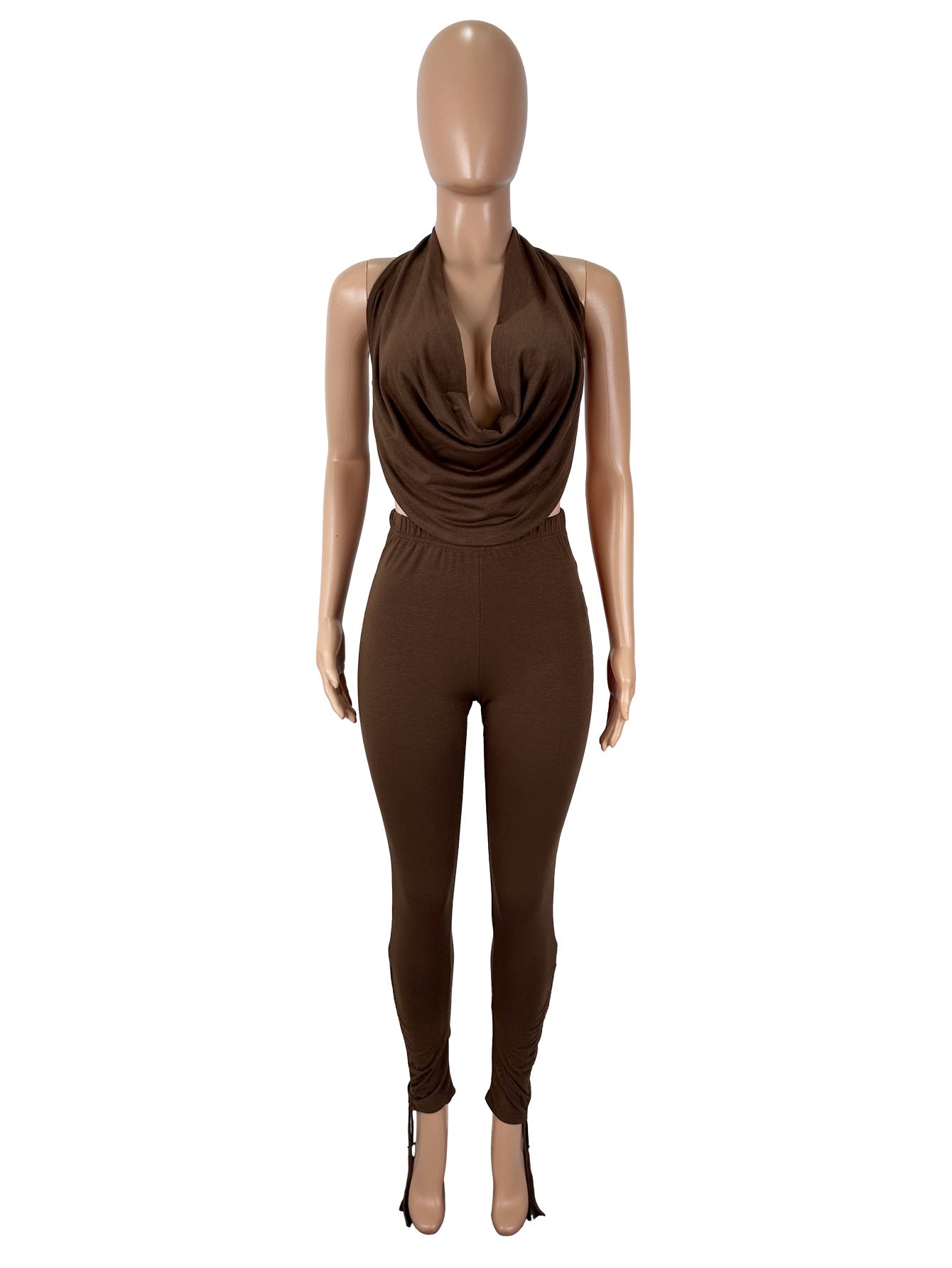 Women's Sexy Halter Neck Draped Neck Large Low Back Lace-Up Top with Drawstring Ankle Pants Two-Piece Set 5