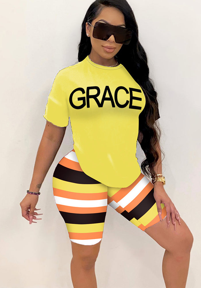 Summer Women letter printed short-sleeved top and shorts two-piece set