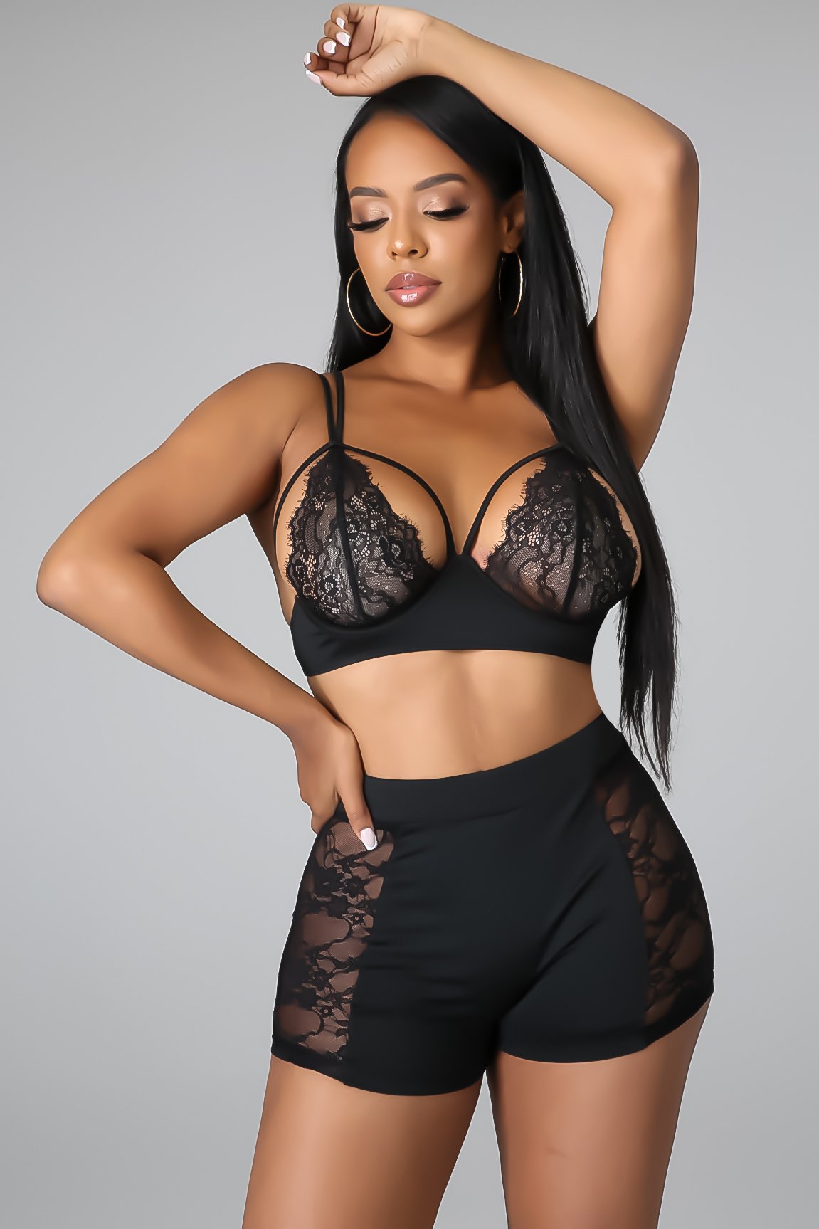 Women Body-fitting Lace Shoulder Strap Lace Two-piece Set 4