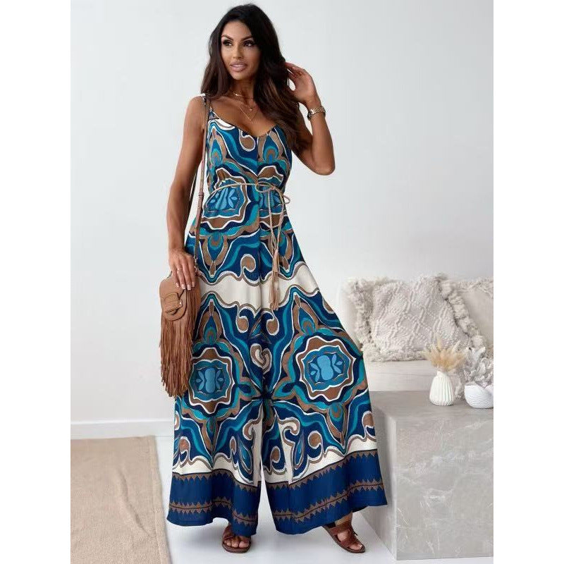 Women Summer Printed Suspender V-Neck Jumpsuit with Belt