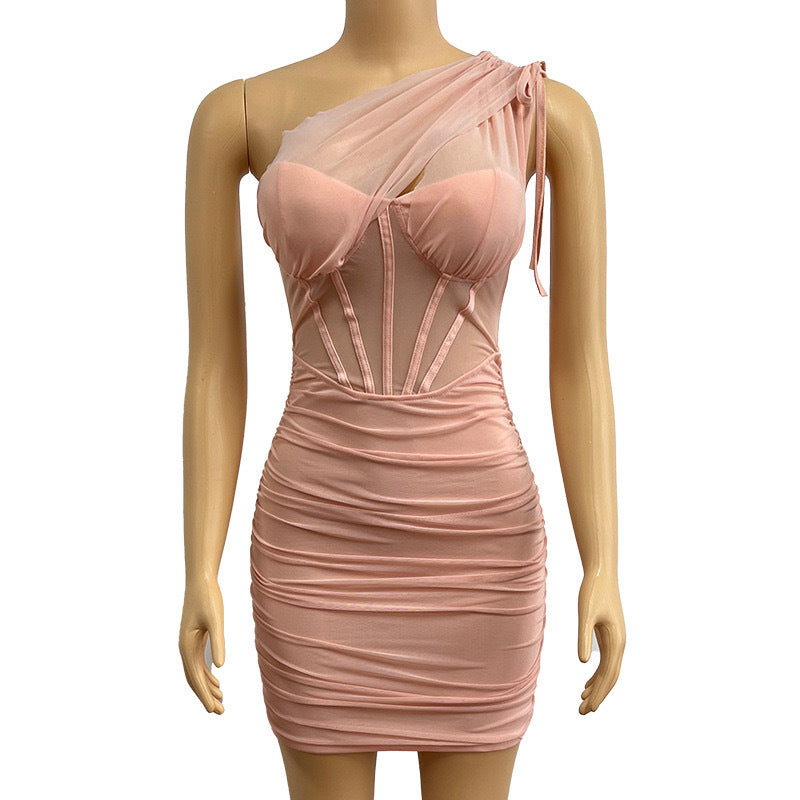 Women sexy Slash Shoulder See-Through Bodycon Solid Dress 6