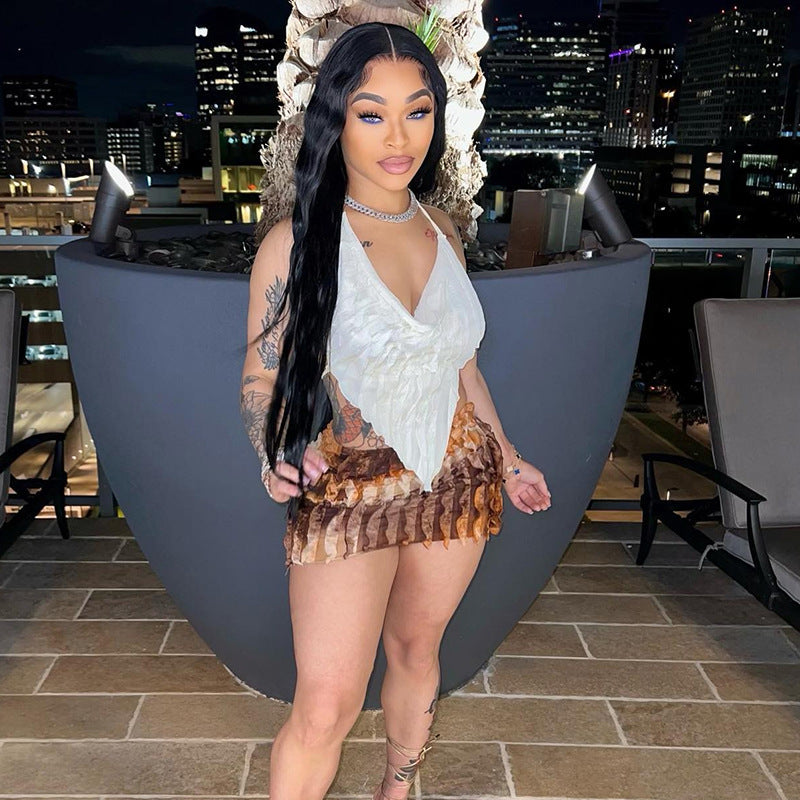 Women wave strip Halter Neck Backless Lace-Up Suspender Top Sexy Skirt two-piece set 5