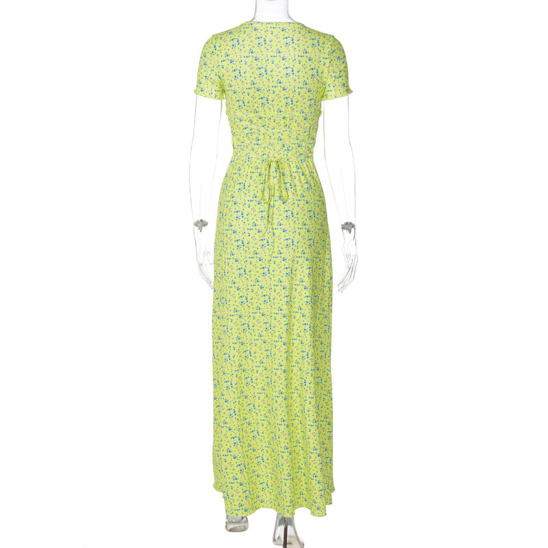 Women Summer Printed U-neck Lace-Up Short Sleeve Dress 27