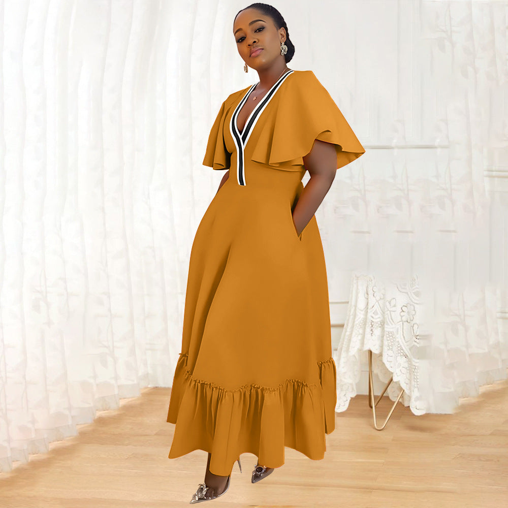Women Pocket Ruffle Sleeve V-Neck Contrast Patchwork Dress