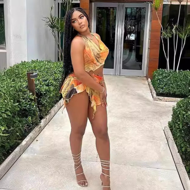 Women Sexy Printed Hollow Backless Halter Neck Lace Dress 3