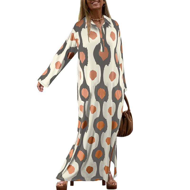 Plus Size Women Turndown Collar Long Sleeve Slit Loose Dress 17