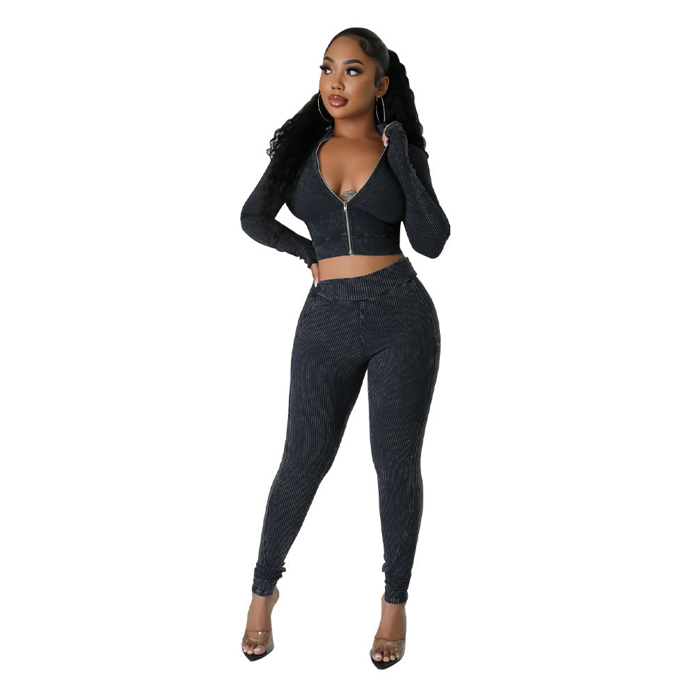 Women's Long Sleeve Zip Patchwork Slim Fit Two Piece Pants Set 9