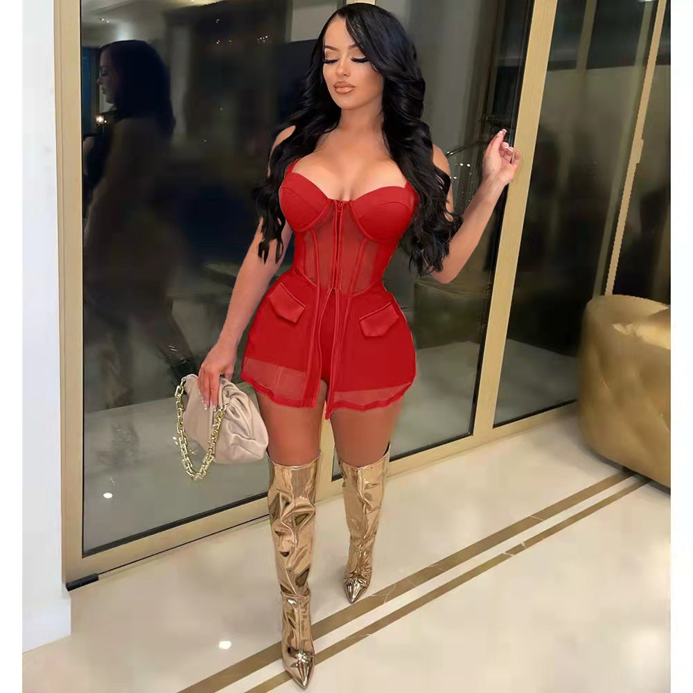 Women Mesh See-Through Patchwork vest shorts 2-piece set 3