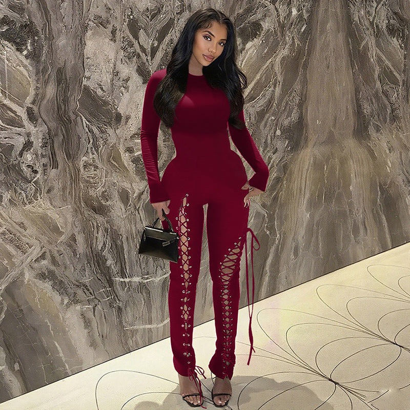 Women Fall/Winter Long-Sleeved Sexy Cutout Lace-Up Jumpsuit 15