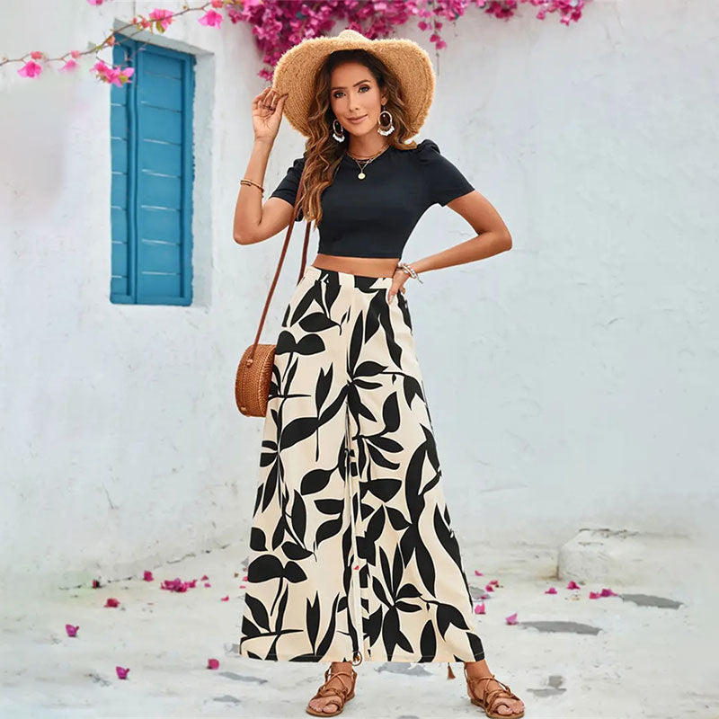 Leaf Print Casual Wide Leg Pants Short Sleeve Tight Fitting Crop T-shirt Spring and Summer Two-piece Pants Suit 4
