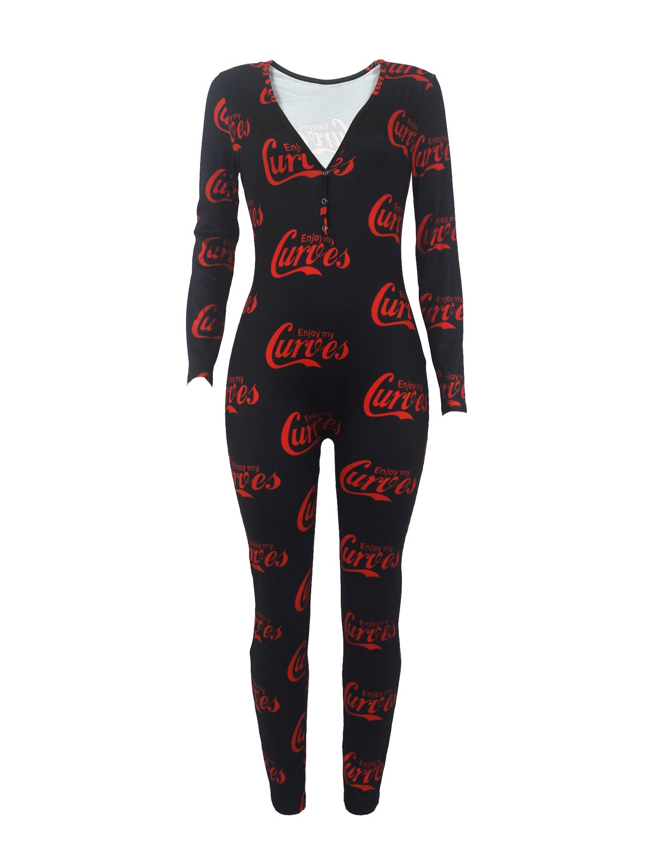 Women's Sexy Fashion Pattern Print Deep V-Neck Long Sleeve Tight Slim Jumpsuit 44