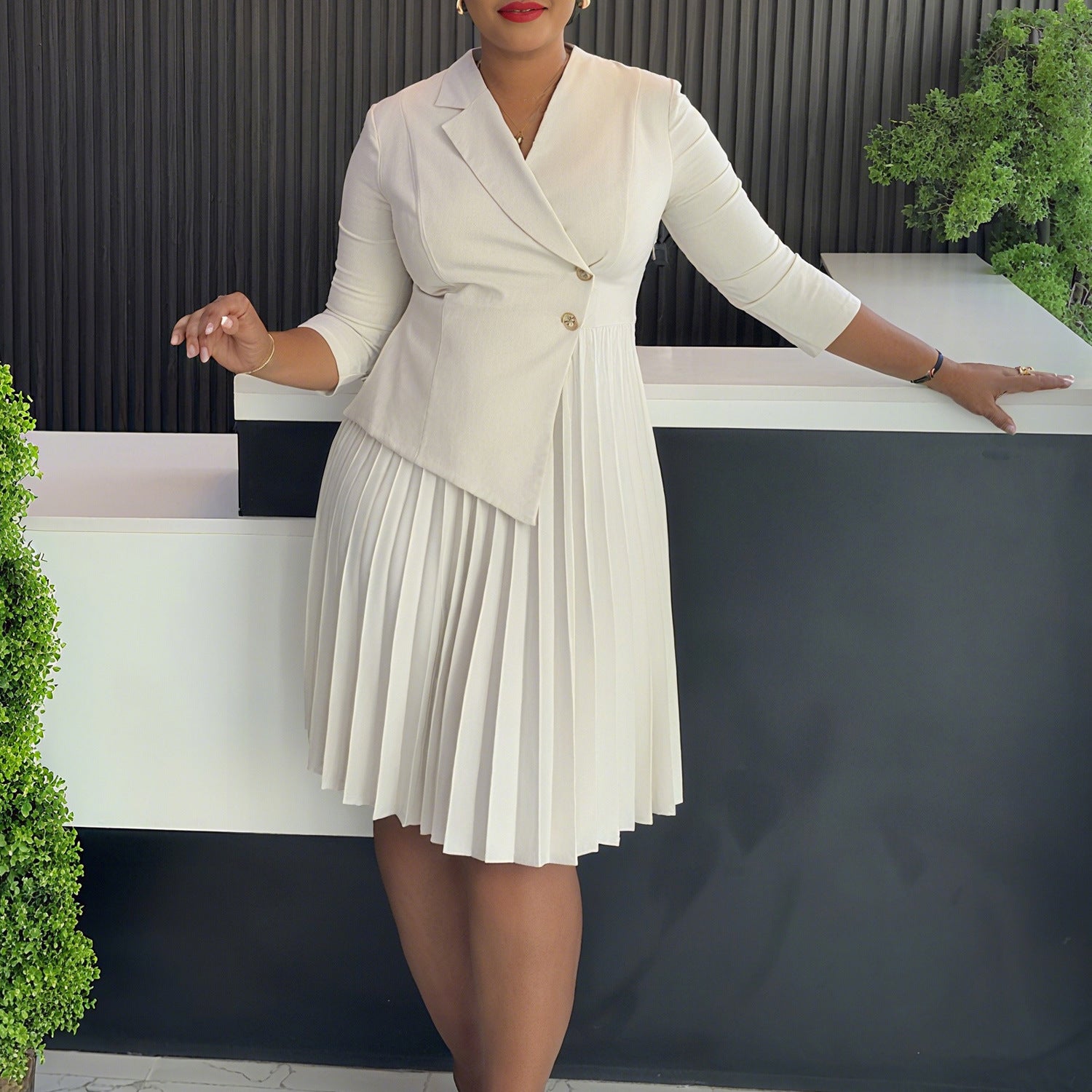 Plus Size Women Winter Turndown Collar Pleated Shirt Dress 10