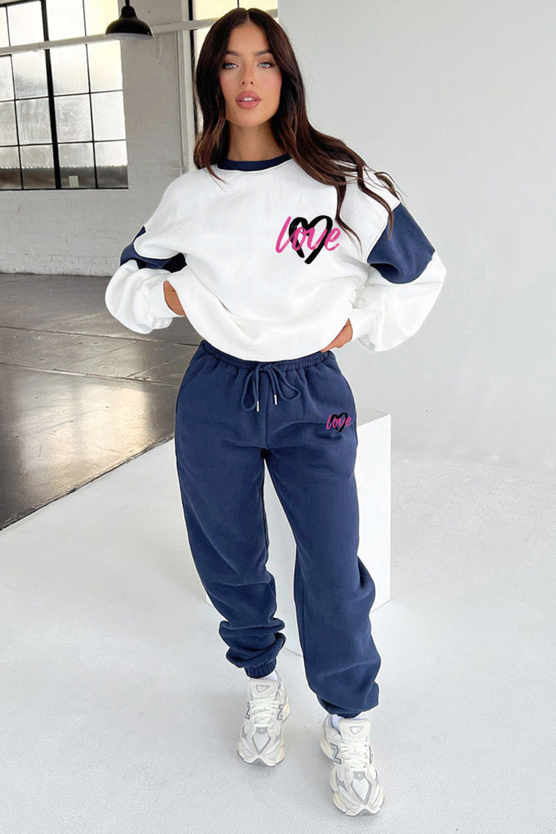 Women Heart Print Color Block Top and Casual Pants Set 7