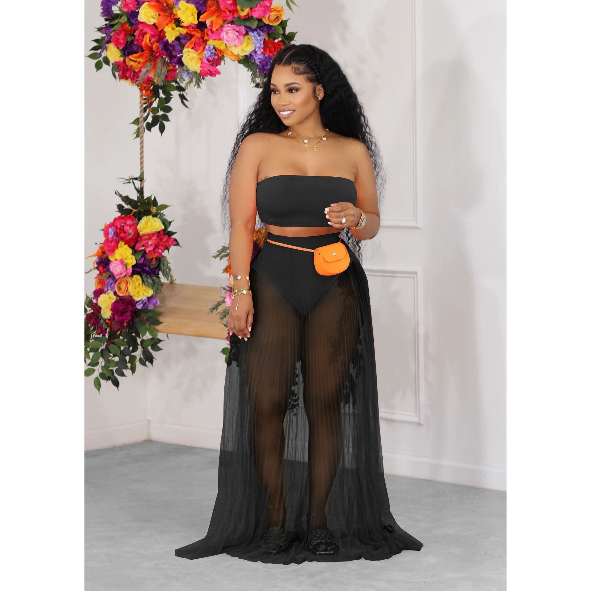 Women's mesh bandeau top + maxi skirt set 10