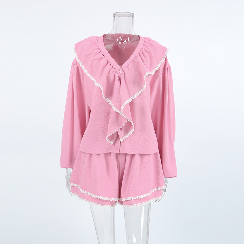 Women French layered ruffle Turndown Collar lantern sleeve loose shirt shorts Two Piece Set 4