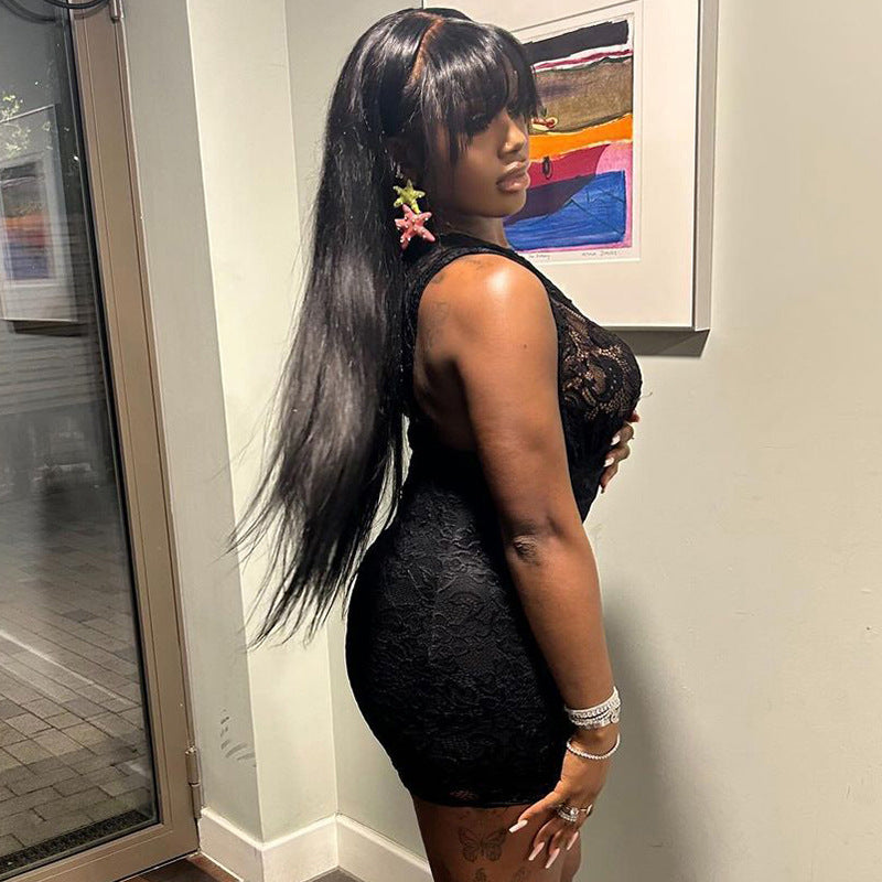 Summer irregular hollow Slash Shoulder Lace Tight Fitting Bodycon Dress 11