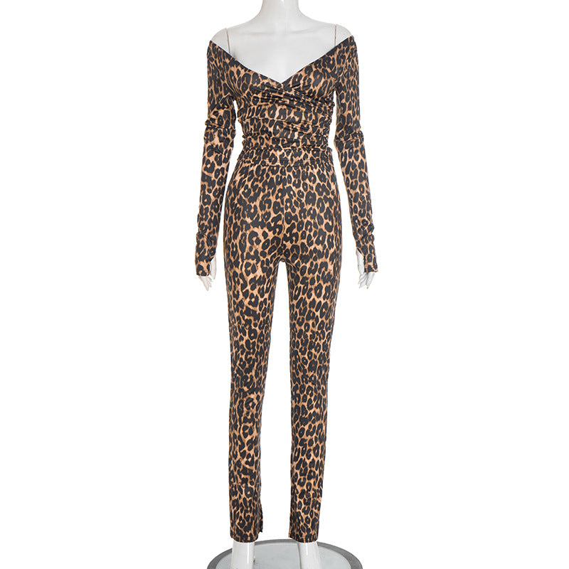 Women's Autumn Winter Leopard Print Off Shoulder Deep V-Neck Finger Sleeve High Waist Pants Set 6