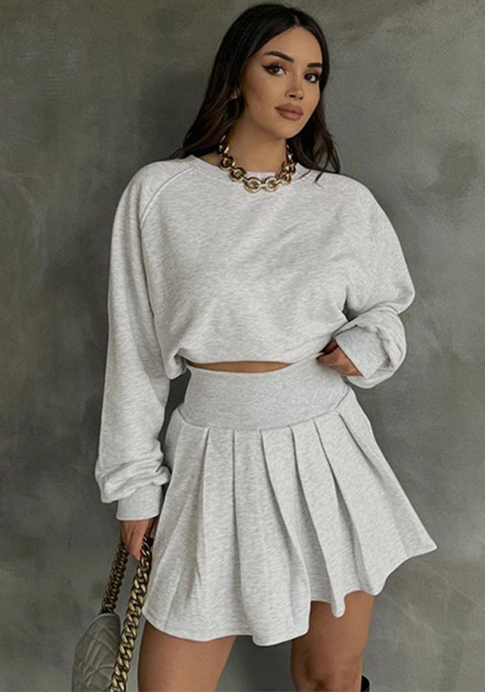 Autumn And Winter Solid Color Long-Sleeved Top Pleated Skirt Fashionable Casual Two-Piece Set