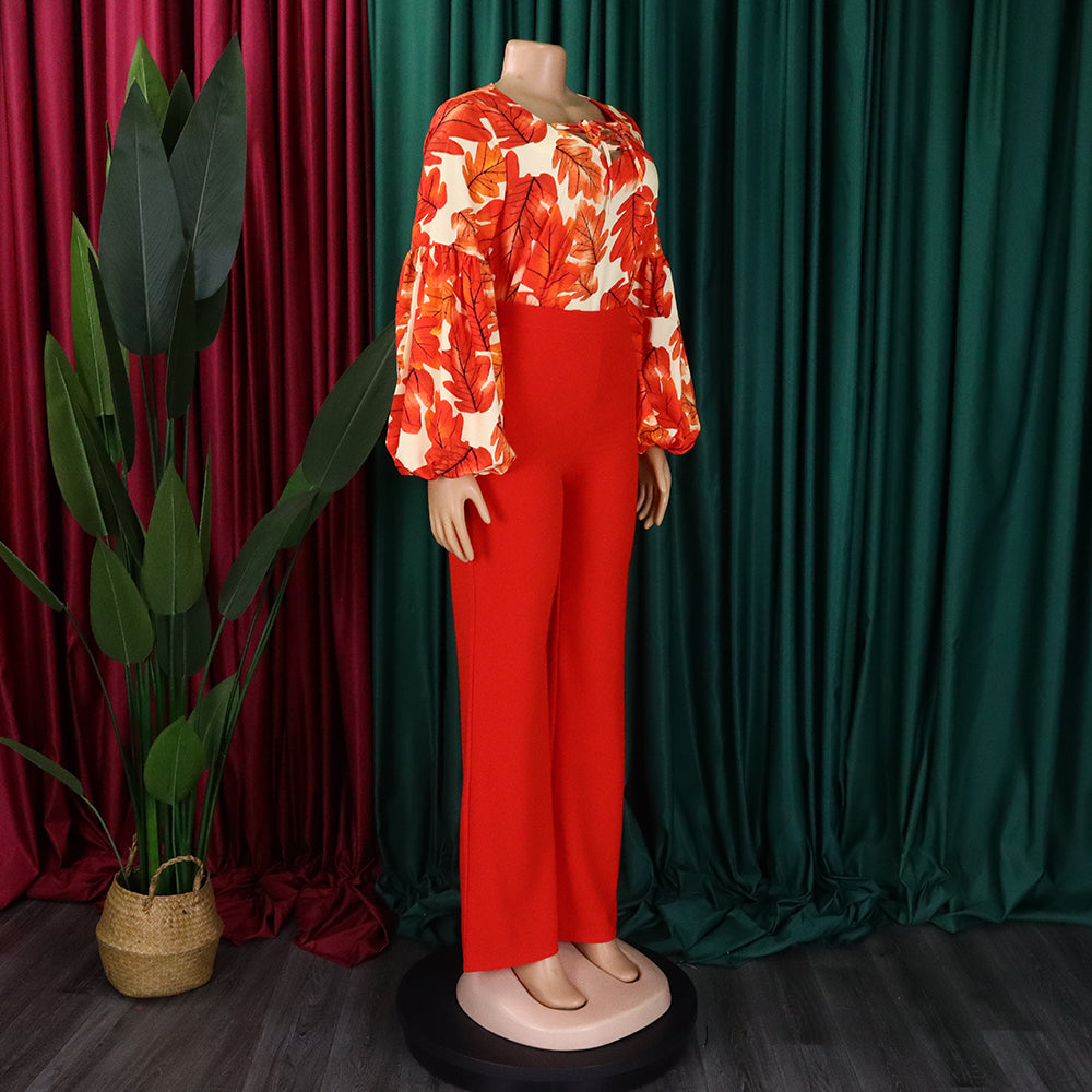 Plus Size Women's Fashion Print Lace-Up Top Wide Leg Pants Two-Piece Set 14