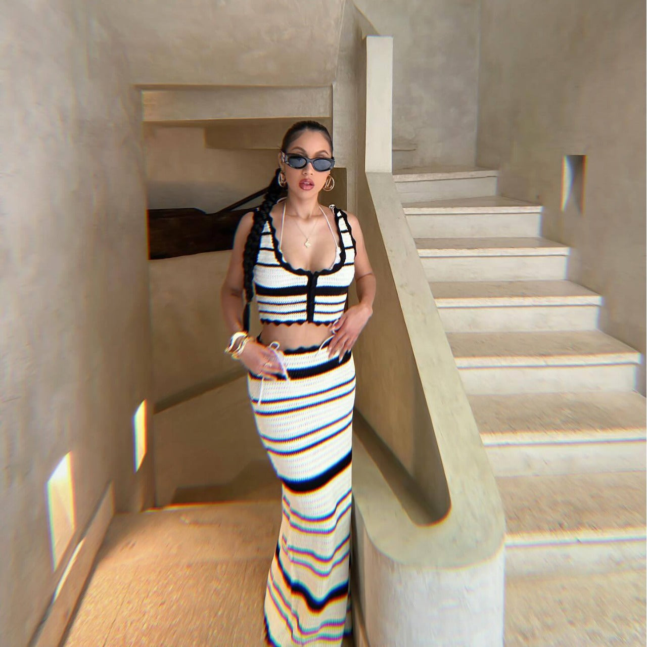 Women Striped Casual Tank Top Beach Bohemian Contrast Skirt Knitting Two-Piece Set 5