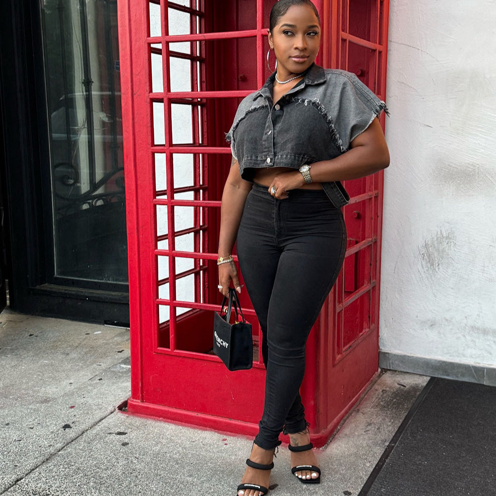 Women Casual Washed Colorblock Denim Jacket