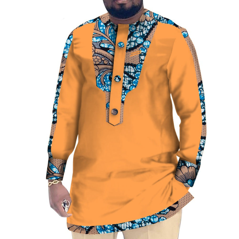 Casual Cotton Men's African Clothing Dashiki Patchwork Long Sleeve Top Bazin Ridge Traditional African Clothing