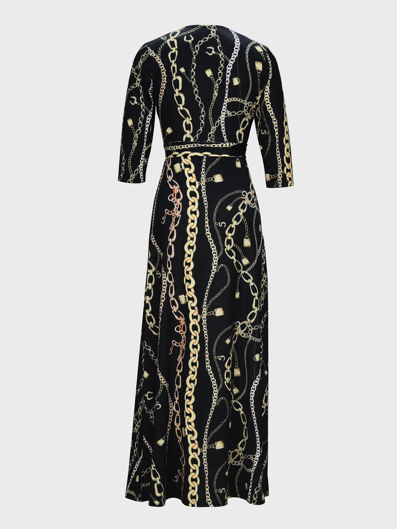 Spring & Autumn Women's Fashion Elegant Wrap V-Neck Half-Sleeve Print Belt Maxi Dress 109