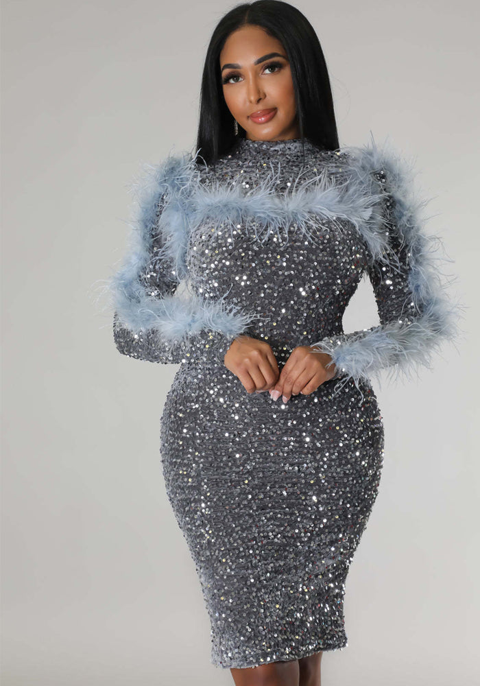 Women Cutout Long Sleeve Feather Sequin Bodycon Dress