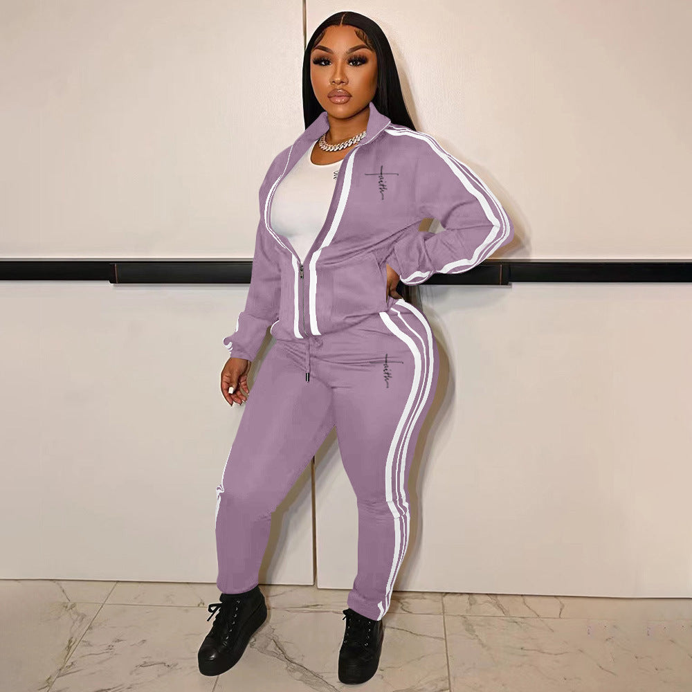 Women'S Fashion Casual Patchwork Zipper Two Piece Tracksuit 3