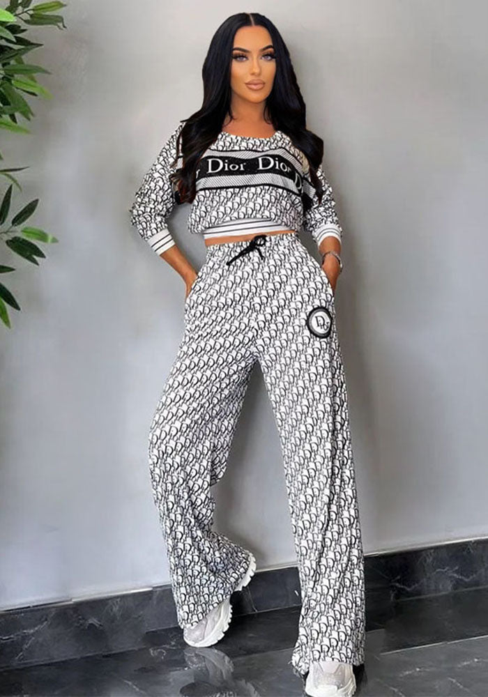 Women's Fashion Casual Trendy Ribbed Long Sleeve Loose Wide Leg Two-Piece Pants Set