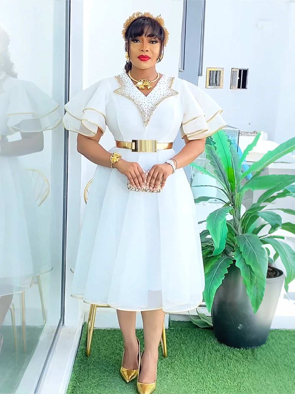 Plus Size African Women V-neck Bodycon Beaded Dress With Belt