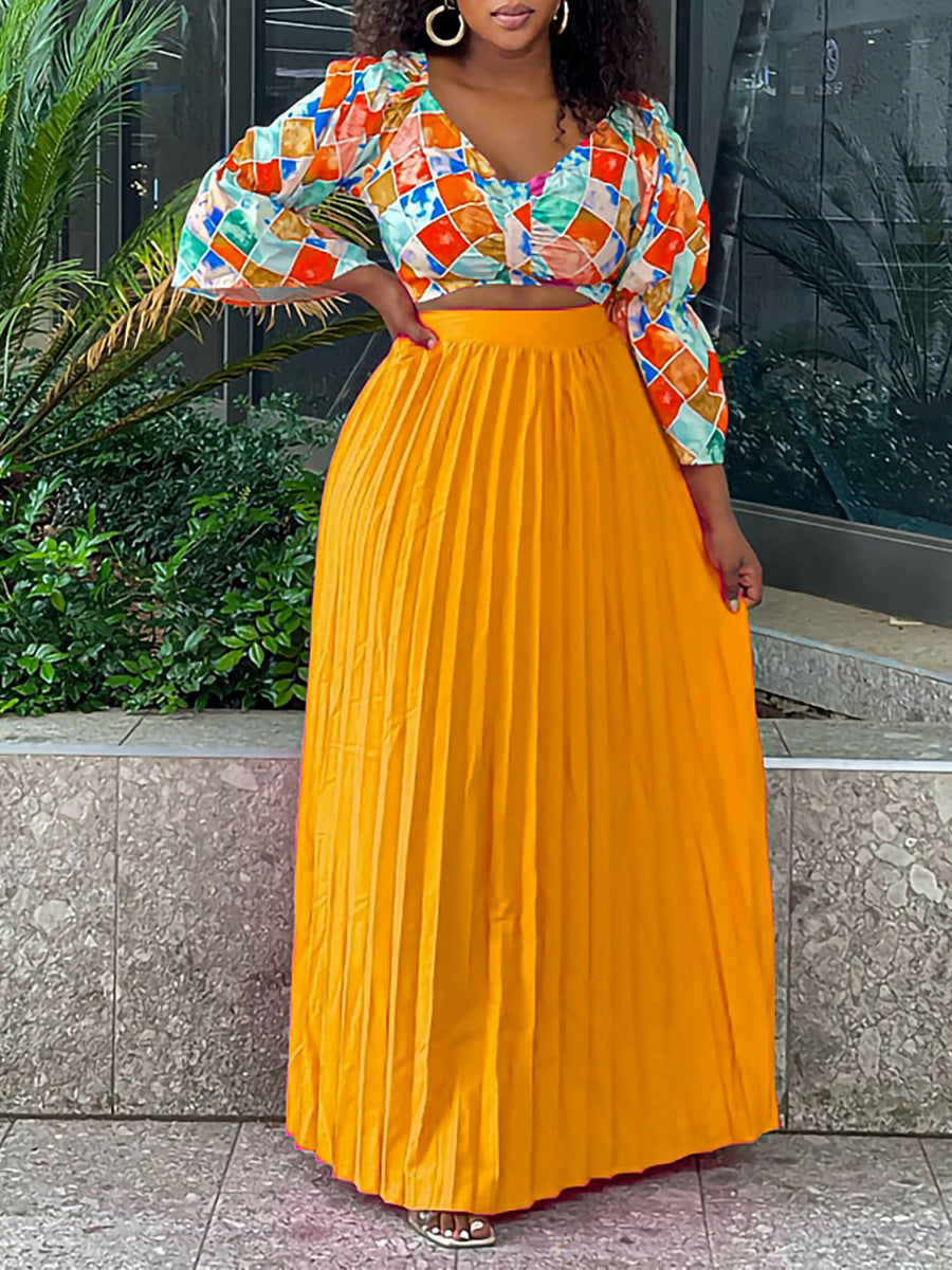 Women's Fashionable V Neck Printed Top Pleated Long Skirt African Two Piece Set