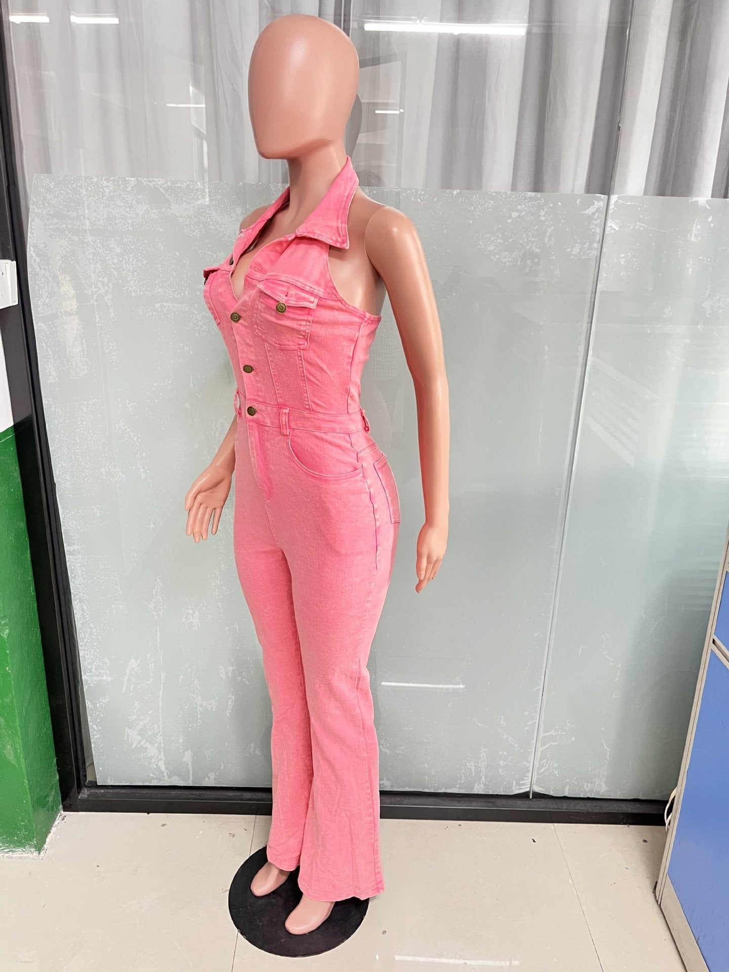 Women's Denim fashion sexy Low Back Turndown Collar pocket Jumpsuit 7