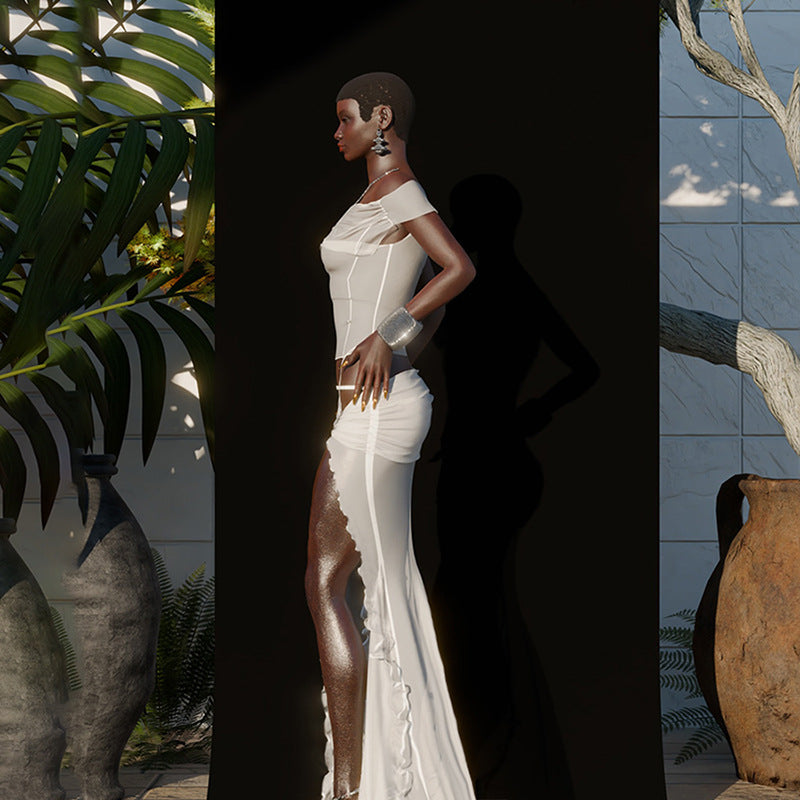 Women summer sexy one-shoulder mesh see-through top and skirt two-piece set 6