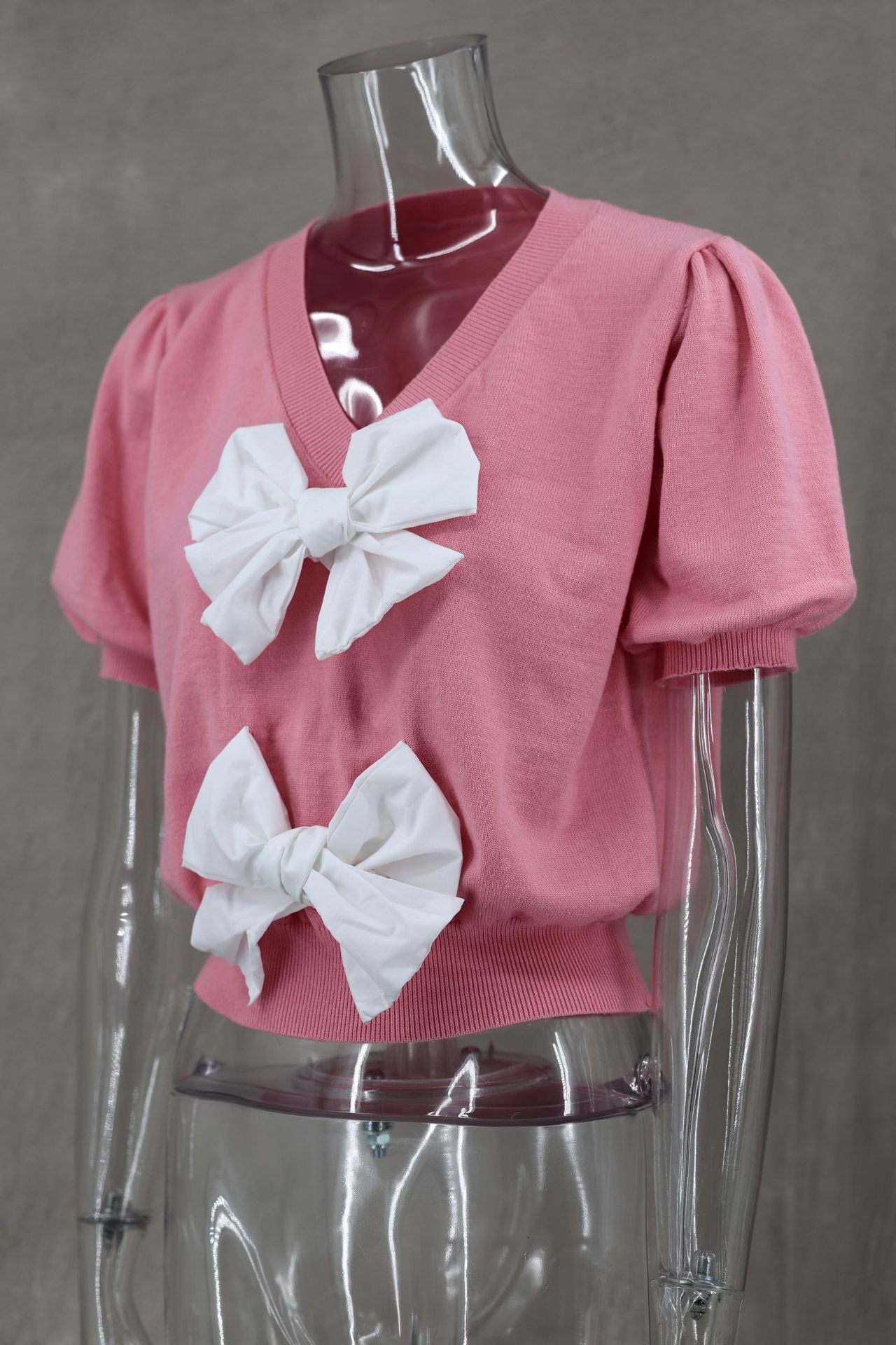 Women Spring V-neck Short Sleeve Bowknot Solid Sweater 6