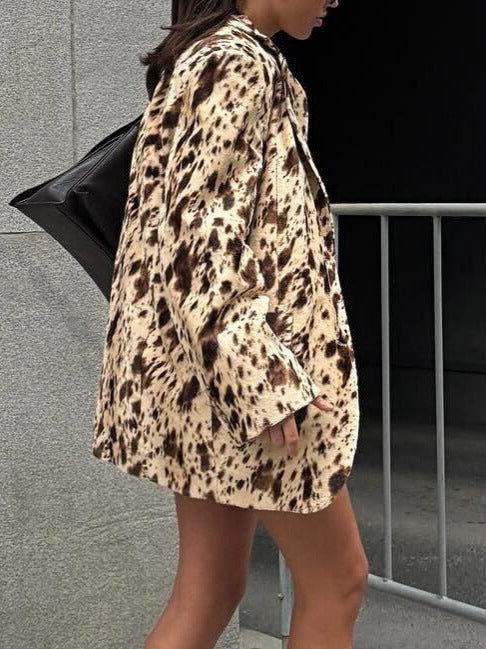 Women Fall Career Brown Printed Long-Sleeved Blazer Coat