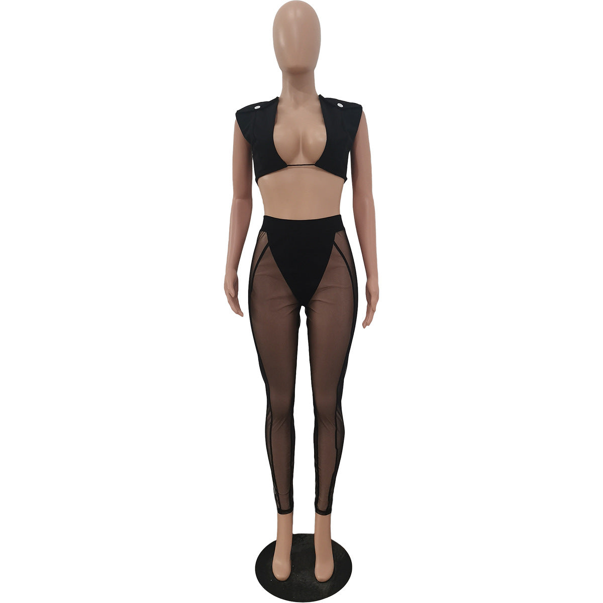 Women 's Mesh See-Through Hollow Vest Mid-Waist Sexy Pants Two Piece Set 28