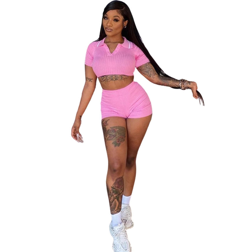 Women's Sports Casual Cropped Top Shorts Solid Color Two-piece Set 9