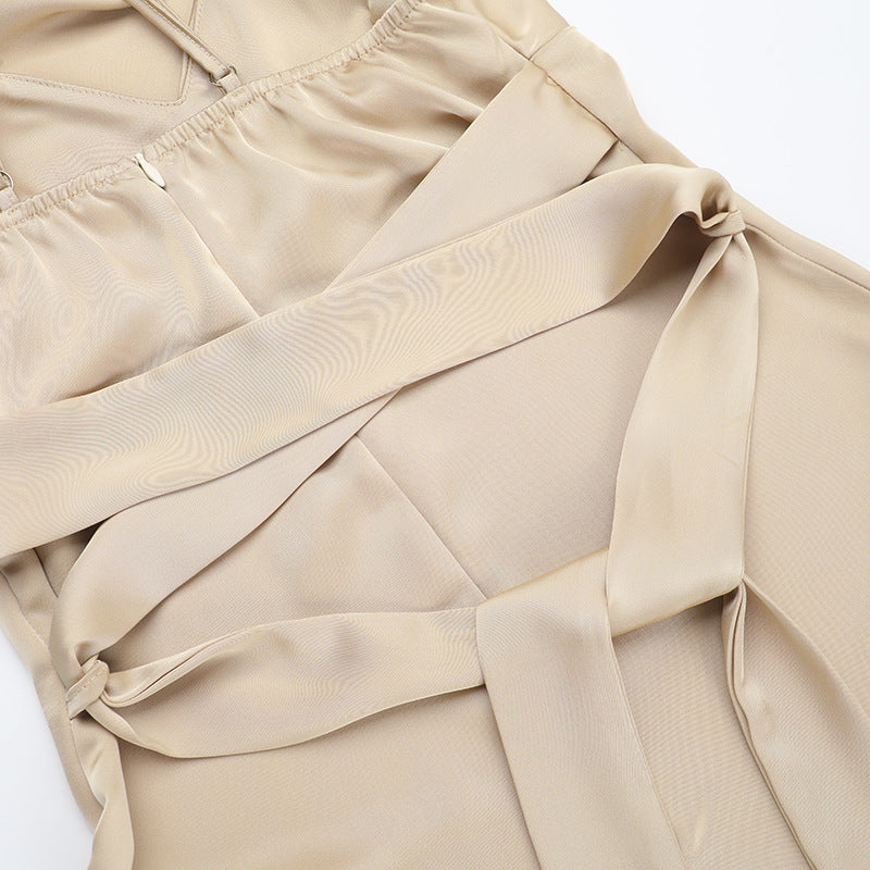 Summer Sexy Lace-Up Slim Waist Strap Satin Long Dress 17