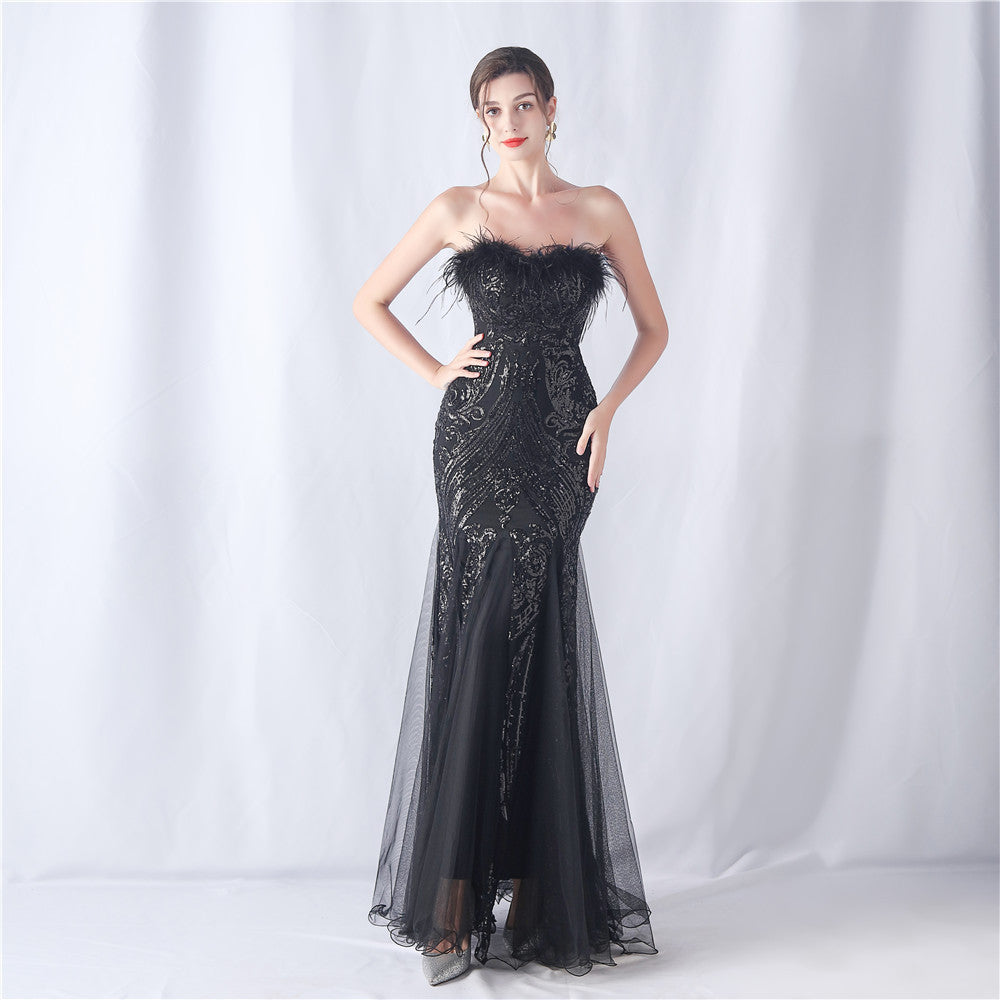 feather sequins mesh patchwork Strapless wedding party dress 20