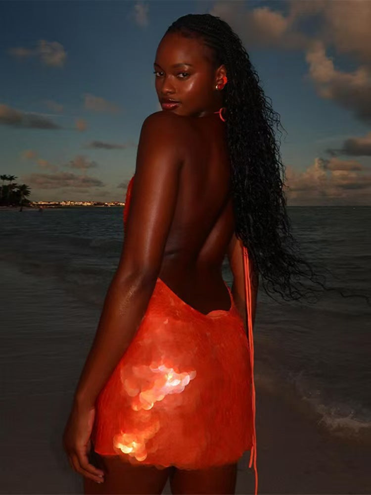 Sexy women'slow-cut hollow Strap Low Back sequined slim dress 3