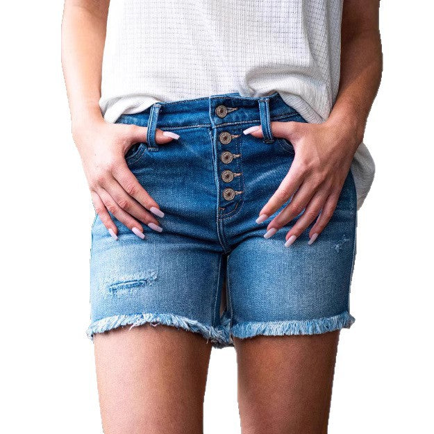 Women Stretchy Button Whisker Denim Shorts 6