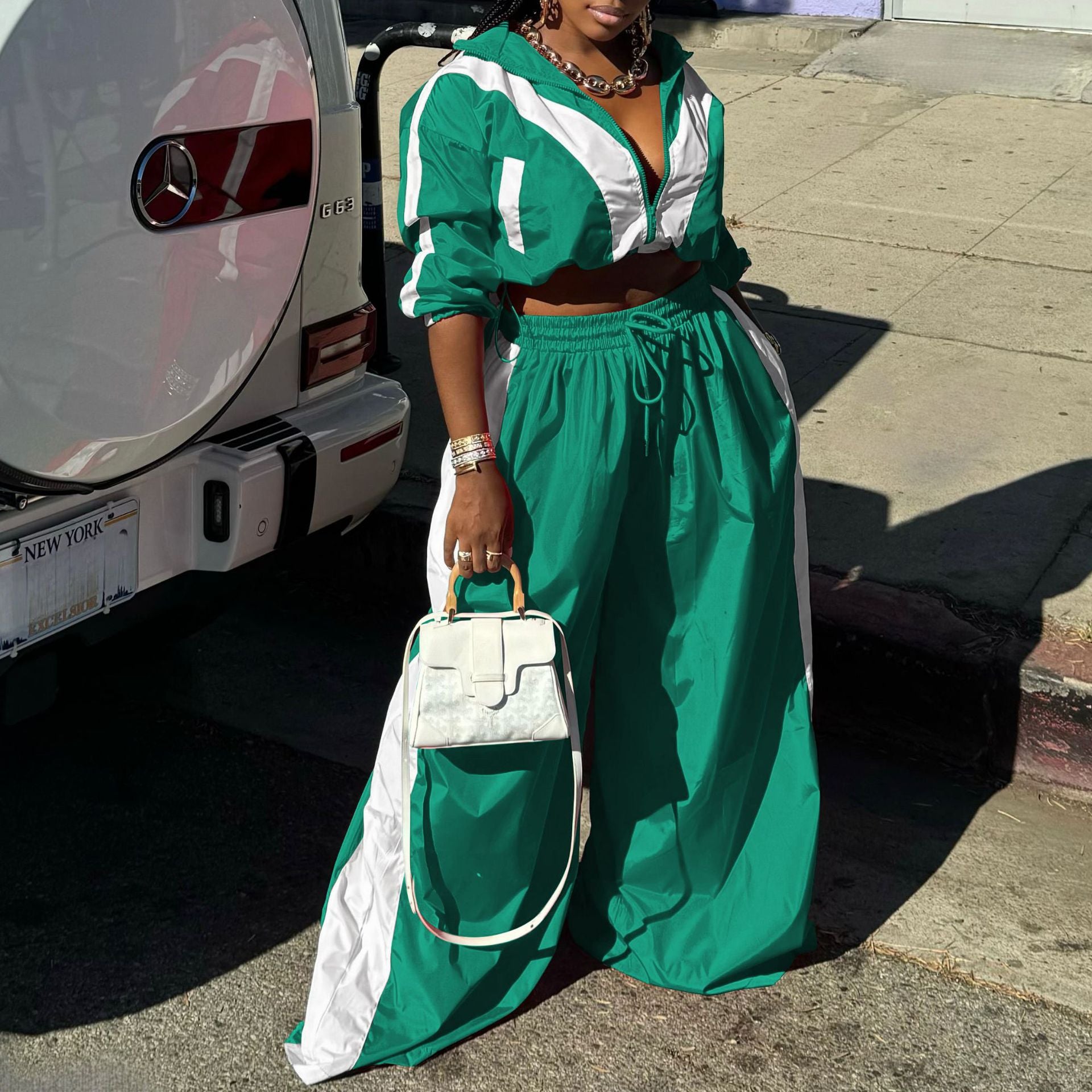 Women Sports Woven Colorblock Top and Pant Two Piece Set 6