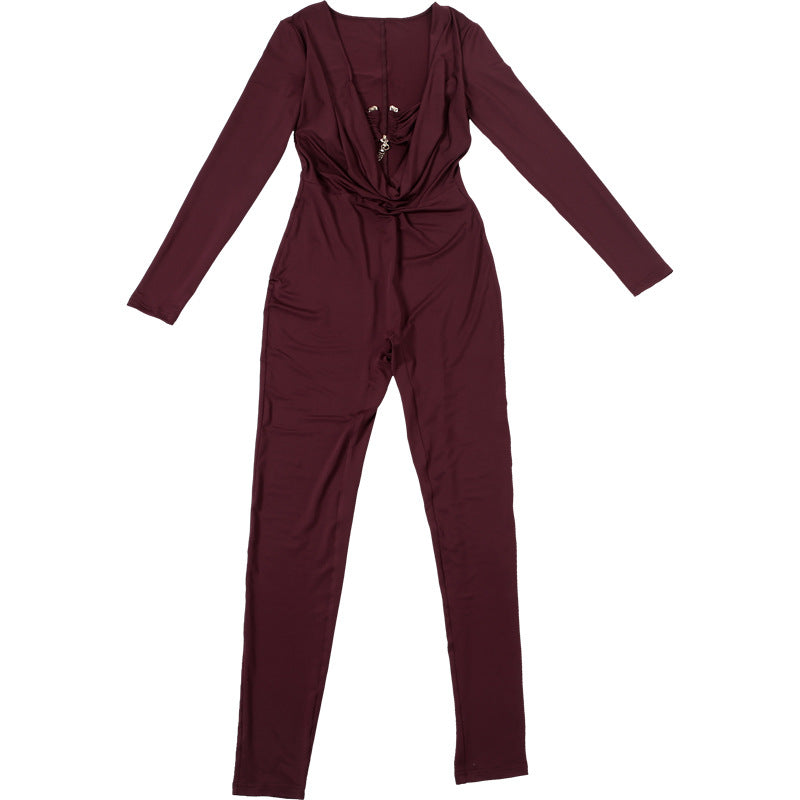 Summer Women's Fashion Sexy Draped Neck Slim Waist Bodycon Solid Color Jumpsuit 9