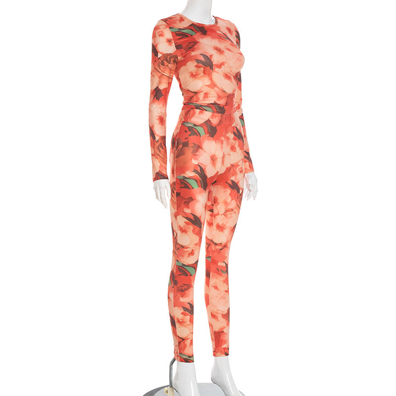Women Fall/Winter Round Neck Floral Print Long-Sleeved Top and Pants Two-Piece Set 4